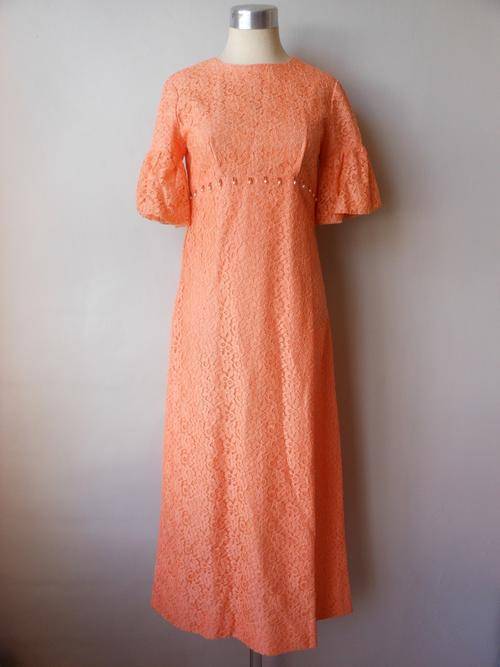 VINTAGE ORANGE LACE FRILL SLEEVE LONG EVENING FORMAL GOWN DRESS - SIZE 10