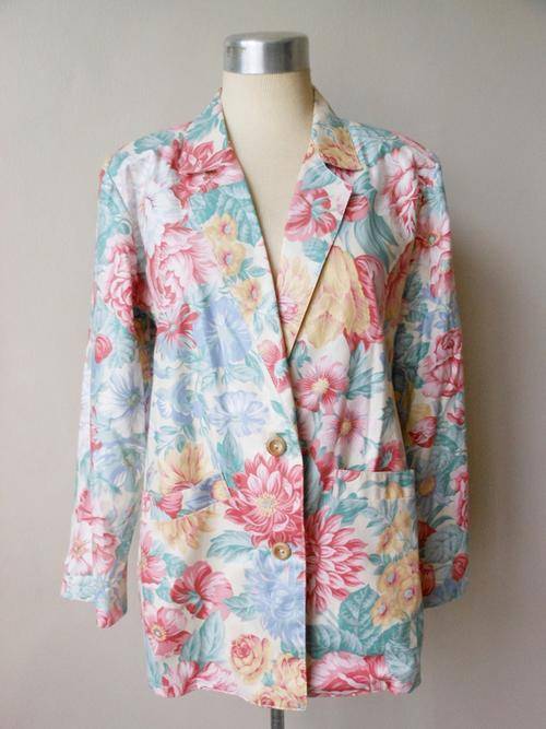 VINTAGE FLORAL PRINT PINK GREEN YELLOW BLAZER JACKET - SIZE XL