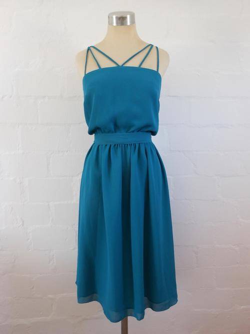 VINTAGE TEAL DARK BLUE TIE WAIST STRAPPY TOP COCKTAIL DRESS TWO PIECE - SIZE 12