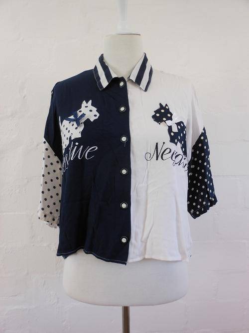 VINTAGE SCOTTISH TERRIER SCOTTY DOG NAVY WHITE POLKA DOT BLOUSE SHIRT TOP - SIZE XL