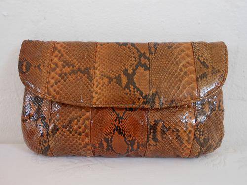 *BALLY* GENUINE SNAKE SKIN LEATHER DESIGNER VINTAGE BROWN TAN CLUTCH HANDBAG BAG