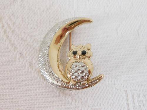 VINTAGE MOON OWL BIRD SILVER GOLD PLATED BROOCH PIN