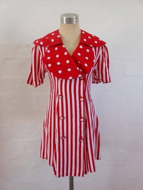 VINTAGE RED WHITE STRIPED POLKA DOT OVERSIZE COLLAR MINI SUMMER DRESS - SIZE 8
