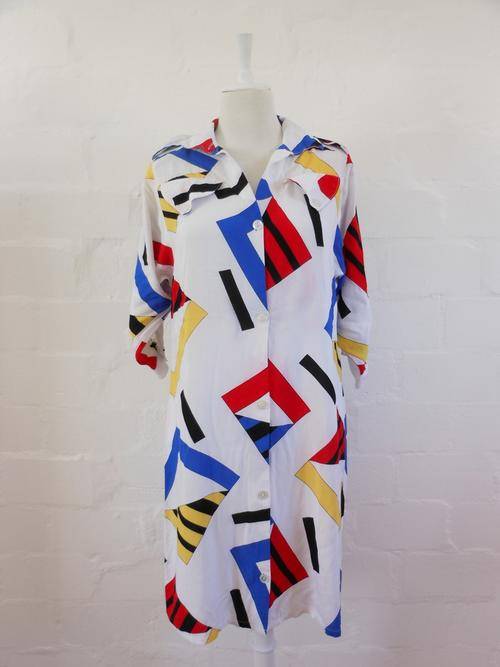 VINTAGE PRINTED WHITE RED BLUE SHIRT SUMMER DRESS - SIZE 10