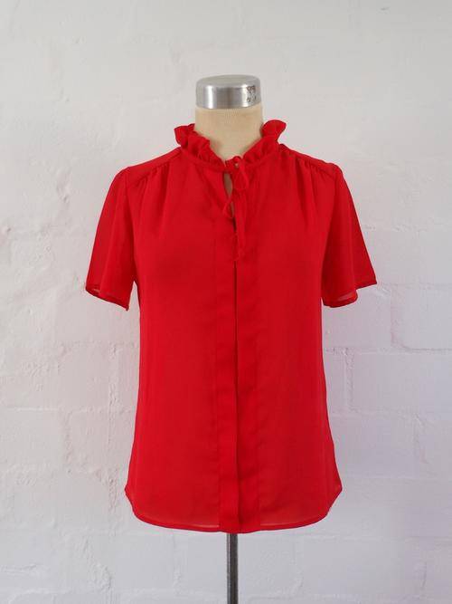 VINTAGE RED RUFFLE SHORT SLEEVE PUSSYBOW BLOUSE SHIRT TOP - SIZE 8