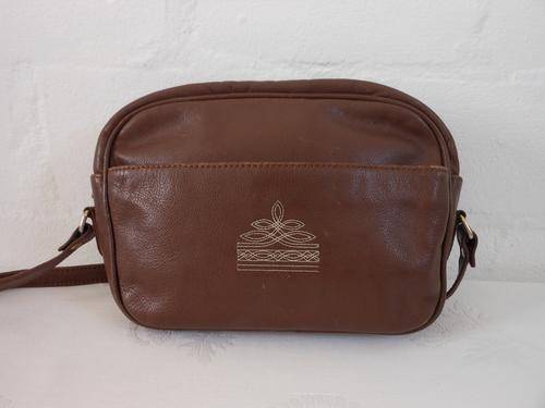 VINTAGE GENUINE LEATHER BROWN EMBROIDERED SMALL SLING CROSSBODY BAG HANDBAG