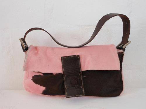 *SALE* *FENDI* DESIGNER GENUINE LEATHER CALF HAIR HIDE PINK BROWN SMALL BAGUETTE BAG HANDBAG