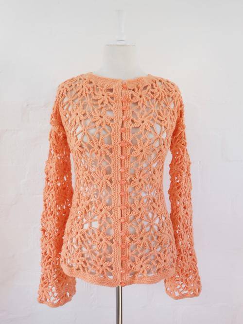 *NEW YEAR SALE - 50% OFF* VINTAGE CROCHET ORANGE KNITTED SHEER CHUNKY JERSEY CARDIGAN - SIZE LARGE