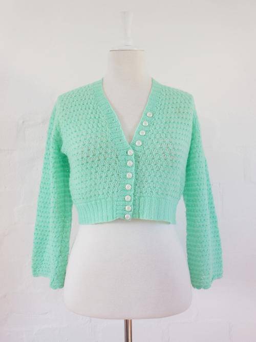 *NEW YEAR SALE - 50% OFF* VINTAGE MINT GREEN KNITTED CROPPED JERSEY SWEATER CARDIGAN - SIZE LARGE