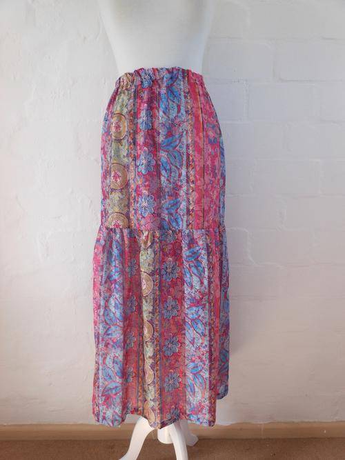 VINTAGE INDIAN STYLE PINK FLORAL PRINT STRIPED MAXI SKIRT - SIZE 10