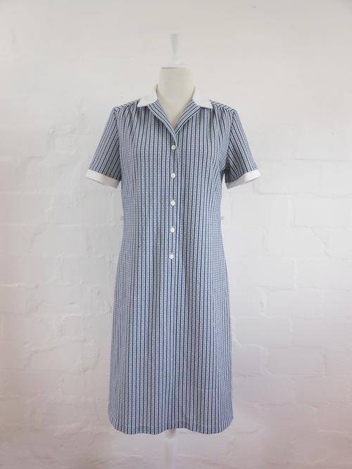 VINTAGE NAVY WHITE STRIPED BUTTON DOWN DAY DRESS - SIZE 12
