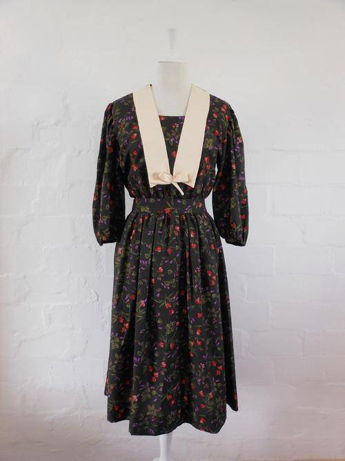 VINTAGE FLORAL PRINT BROWN CREAM DAY DRESS - SIZE 12
