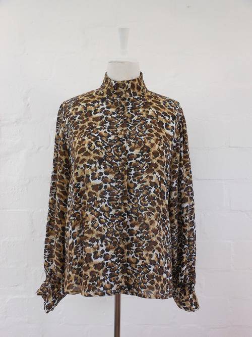 VINTAGE ANIMAL PRINT BROWN LONG SLEEVE BLOUSE TOP SHIRT - SIZE 14