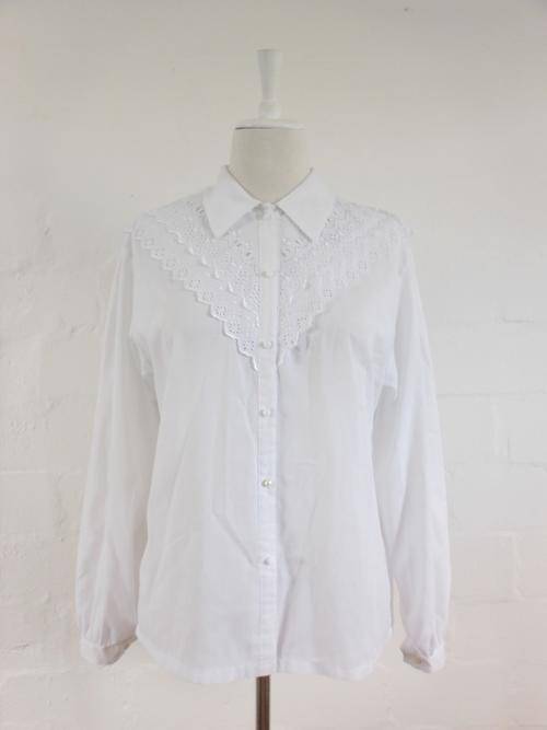 VINTAGE WHITE ANGLAISE EMBROIDERED LONG SLEEVE SHIRT TOP BLOUSE - SIZE 12
