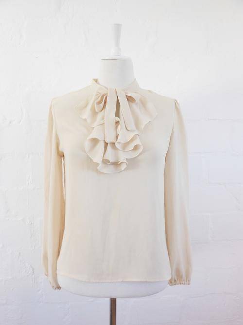 VINTAGE PUSSYBOW RUFFLE LONG SLEEVE CREAM BLOUSE SHIRT TOP - SIZE 10
