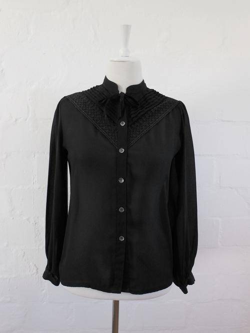 VINTAGE EMBROIDERED BLACK LONG SLEEVE BLOUSE SHIRT TOP - SIZE 8