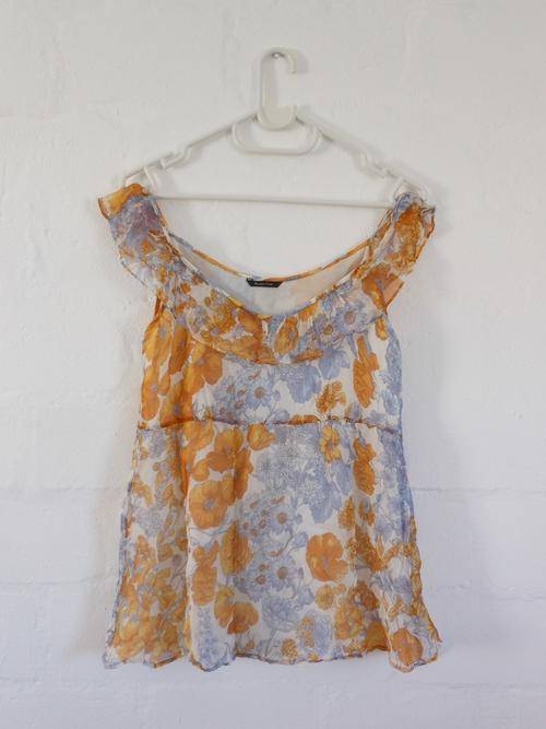 *END SEASON SALE - 50% OFF* *MASSIMU DUTTI* DESIGNER 100% SILK FLORAL ORANGE BLOUSE TOP - SIZE XS