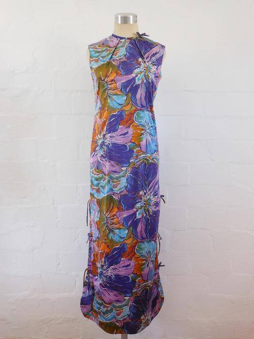 VINTAGE FLORAL PRINT PSYCHEDELIC PURPLE SLEEVELESS MAXI LONG DRESS - SIZE 10