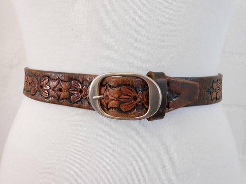 VINTAGE GENUINE LEATHER TOOLED BROWN LADIES BELT