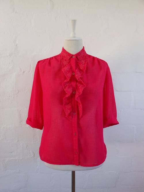 VINTAGE HOT PINK EMBROIDERED RUFFLE FRONT SHIRT BLOUSE TOP - SIZE 10