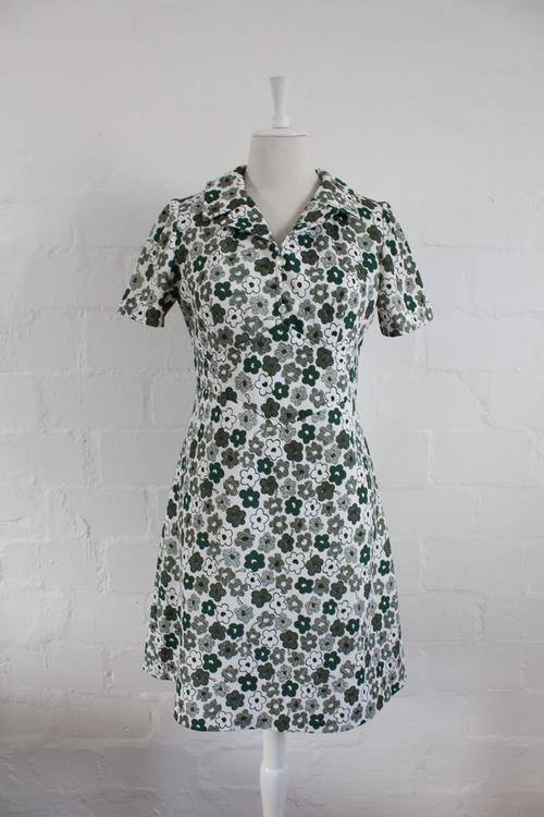 VINTAGE FLORAL PRINT GREEN WHITE DAY DRESS - SIZE 12