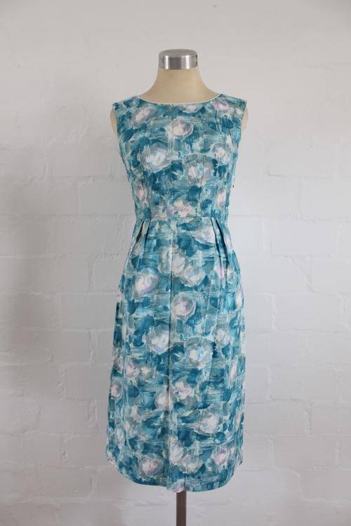 VINTAGE BLUE WHITE WATERCOLOUR PRINT SHIFT DRESS - SIZE 8