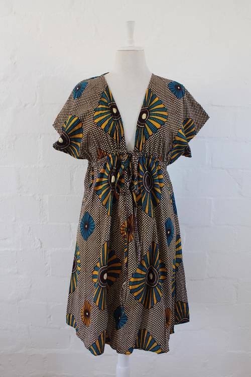 AFRICAN TRIBAL PRINT BROWN BLUE TIE FRONT DAY DRESS - SIZE LARGE