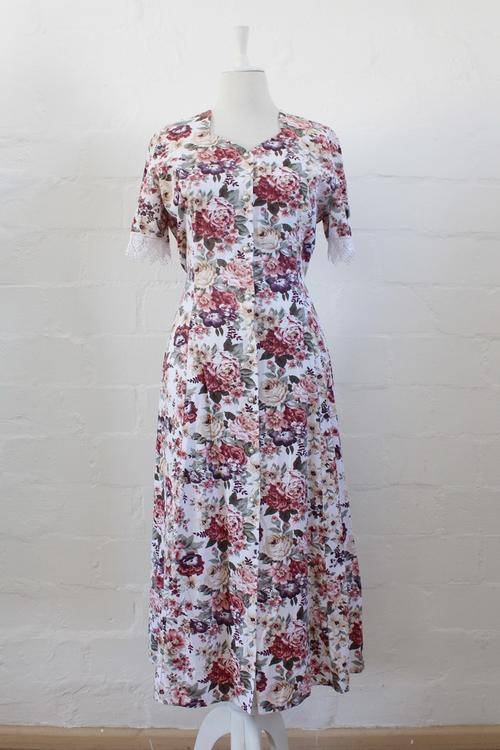 VINTAGE FLORAL PRINT LACE TRIM BUTTON DOWN DAY DRESS - SIZE 12