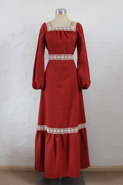 VINTAGE CROCHET RIBBON TRIM BROWN MAXI LONG SLEEVE DRESS - SIZE 8