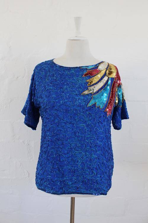 VINTAGE 100% SILK BLUE RED BEADED SEQUINED PARTY TOP BLOUSE - SIZE LARGE