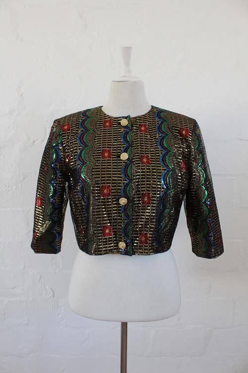 VINTAGE GOLD LAME CROPPED 3/4 SLEEVE JACKET TOP - SIZE 14