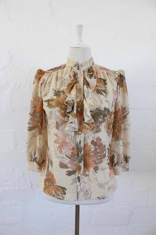 VINTAGE FLORAL PRINT CREAM BROWN PINSTRIPE BLOUSE TOP SHIRT - SIZE 10