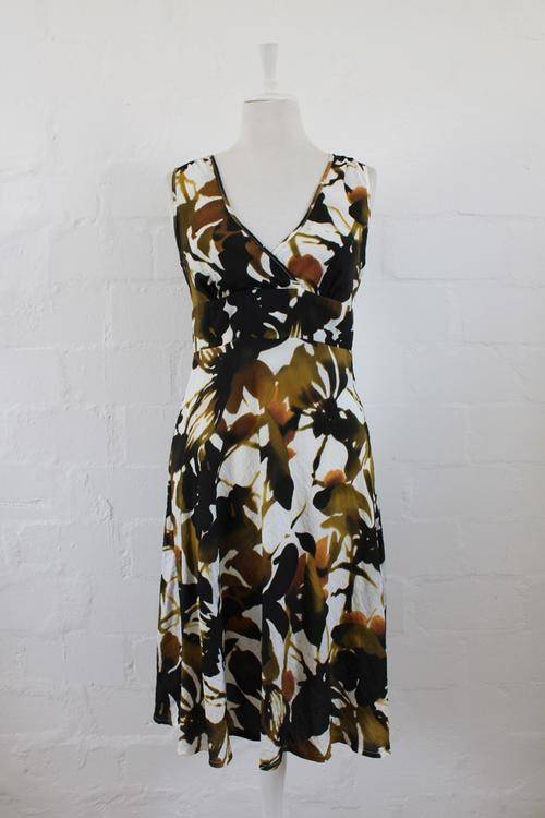 *CATHERINE MOORE* DESIGNER BROWN FLORAL PRINT SUMMER DRESS - SIZE 10