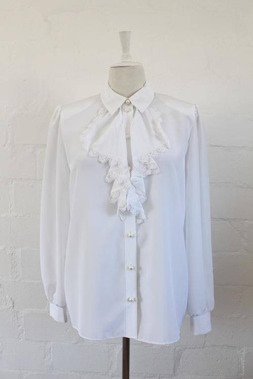VINTAGE WHITE LACE TRIM RUFFLE LONG SLEEVE SHIRT BLOUSE TOP - SIZE 16