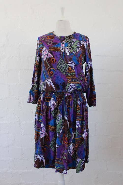 VINTAGE BLUE PURPLE PRINTED ELASTICATED DAY DRESS - SIZE 10