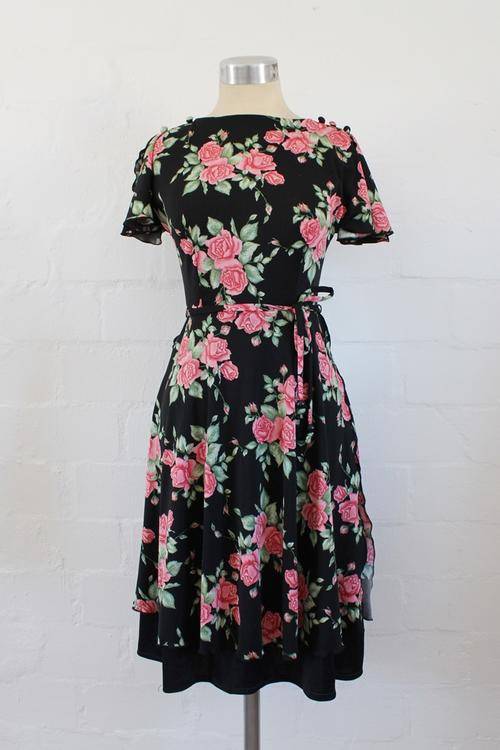 VINTAGE ROSE FLORAL PRINT PINK BLACK COCKTAIL DRESS - SIZE 8