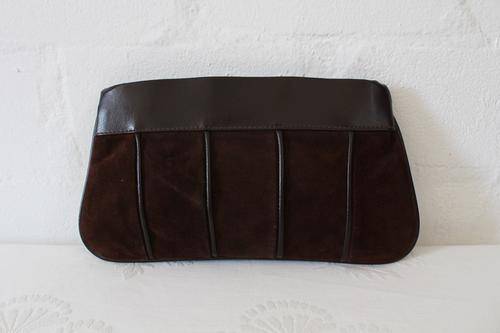 VINTAGE GENUINE SUEDE LEATHER VINYL BROWN CLUTCH BAG HANDBAG