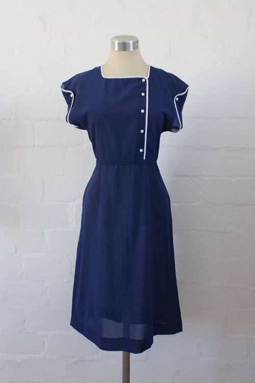 VINTAGE NAVY WHITE CONTRAST DAY DRESS - SIZE 10