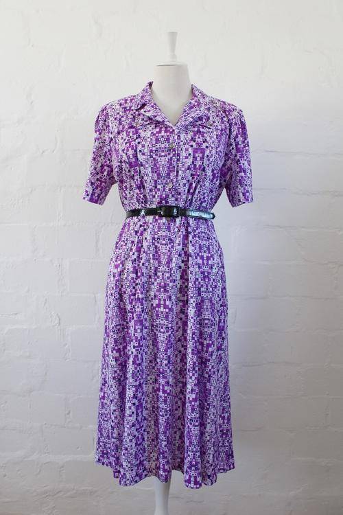 VINTAGE PURPLE WHITE PRINTED BELTED DAY DRESS - SIZE 16