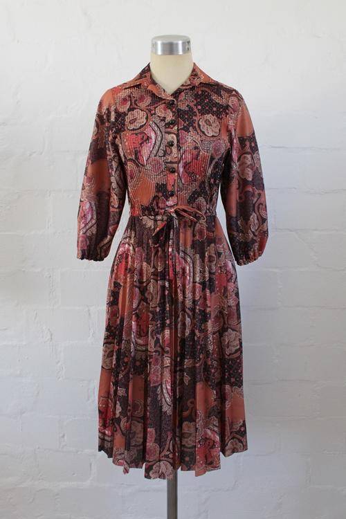 VINTAGE PAISLEY FLORAL PRINT BROWN PLEATED DRESS - SIZE 8
