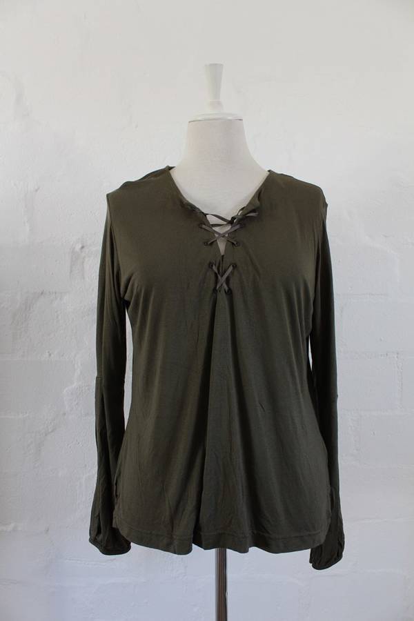 *SALE - 50% OFF!* HENNES KHAKI GREEN TIE NECK LONG SLEEVE TOP TSHIRT - SIZE L