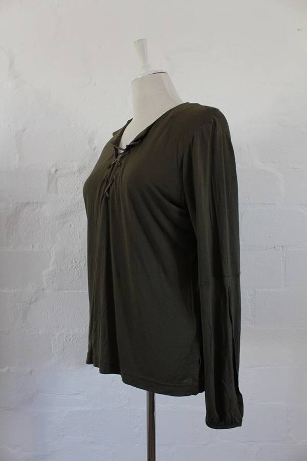 *SALE - 50% OFF!* HENNES KHAKI GREEN TIE NECK LONG SLEEVE TOP TSHIRT - SIZE L