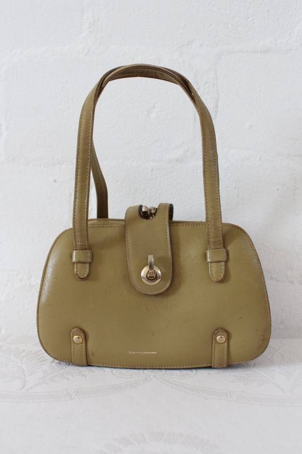 VINTAGE GENUINE LEATHER TAUPE SMALL STRUCTURED HANDBAG BAG