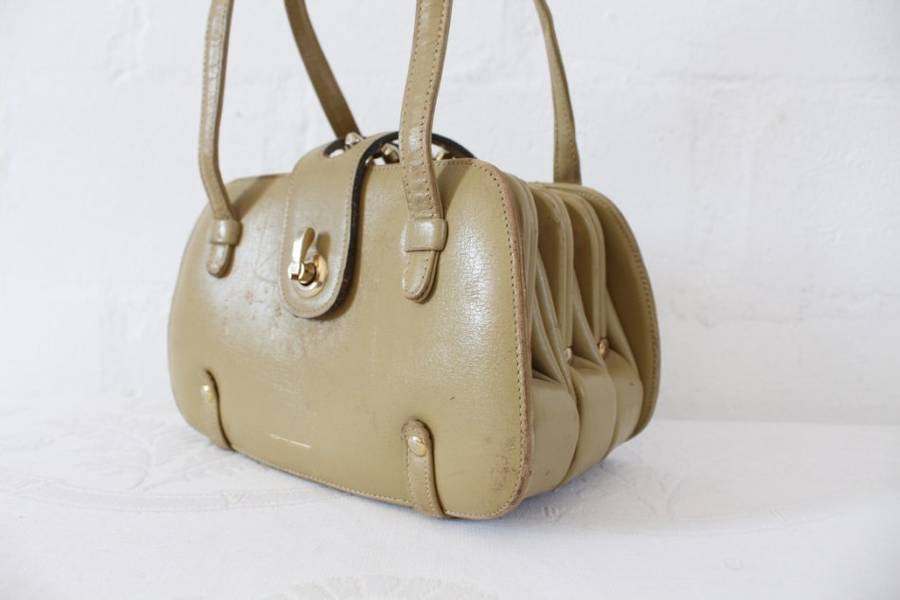 VINTAGE GENUINE LEATHER TAUPE SMALL STRUCTURED HANDBAG BAG
