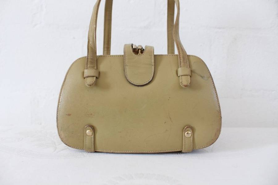 VINTAGE GENUINE LEATHER TAUPE SMALL STRUCTURED HANDBAG BAG