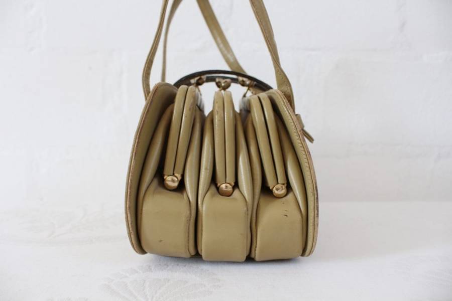 VINTAGE GENUINE LEATHER TAUPE SMALL STRUCTURED HANDBAG BAG