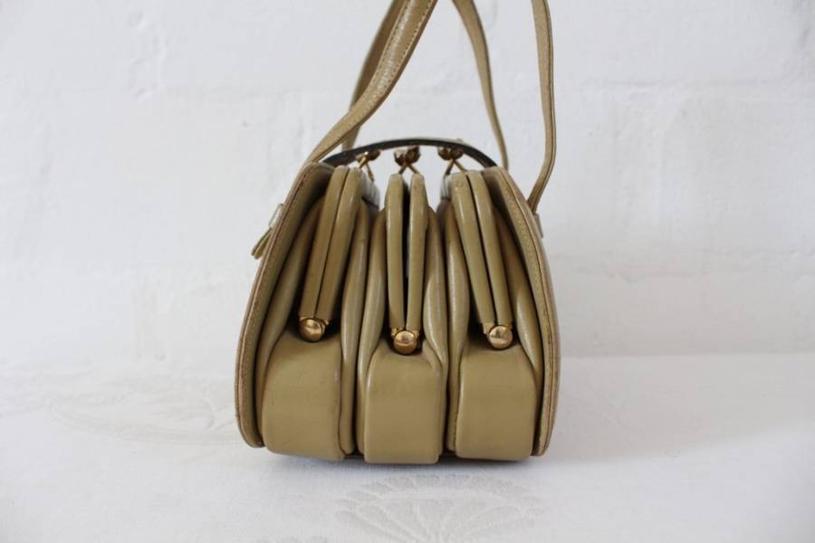 VINTAGE GENUINE LEATHER TAUPE SMALL STRUCTURED HANDBAG BAG