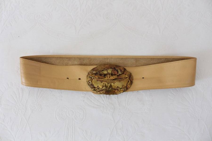 VINTAGE GENUINE LEATHER TAN BROWN BRASS BUCKLE WIDE WAIST BELT