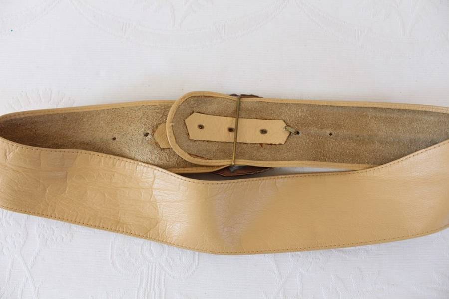 VINTAGE GENUINE LEATHER TAN BROWN BRASS BUCKLE WIDE WAIST BELT