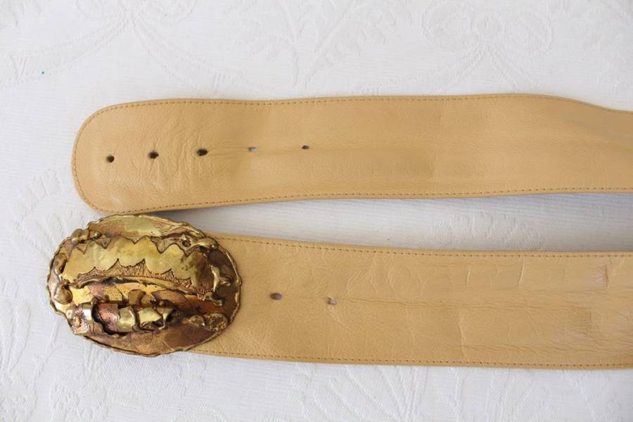 VINTAGE GENUINE LEATHER TAN BROWN BRASS BUCKLE WIDE WAIST BELT
